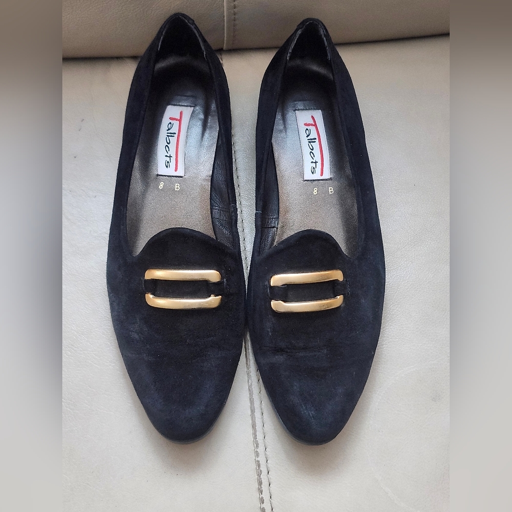 Talbots Black Suede Loafers with Gold Accent